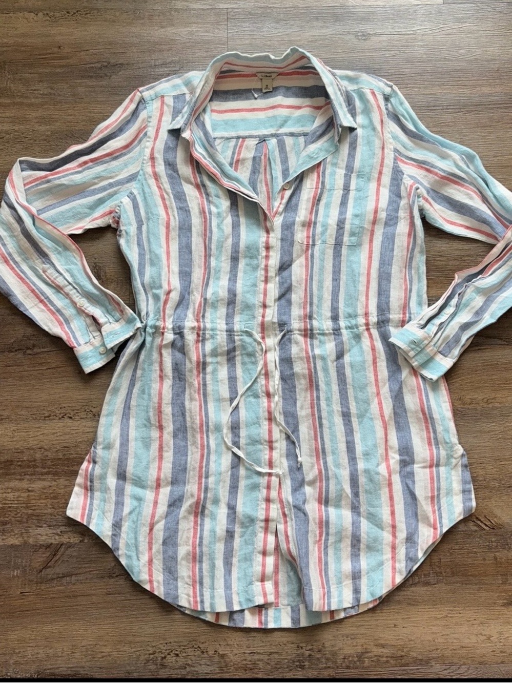 L.L. Bean 100% Striped Button-Front Tunic Shirt Drawstring